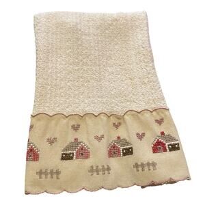 Vintage Homespun Heath Kitchen Towel 22" x 13" Cross Stitch Houses Hearts